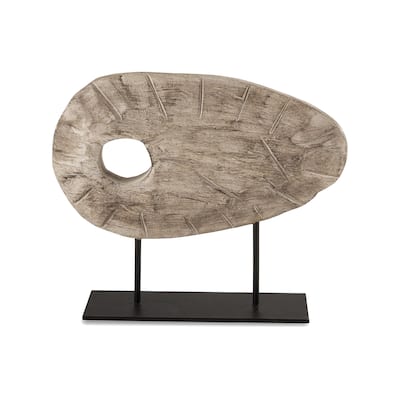 Bena Decorative Sculpture, Antique White Wood, Black Metal Base, 17 Inch