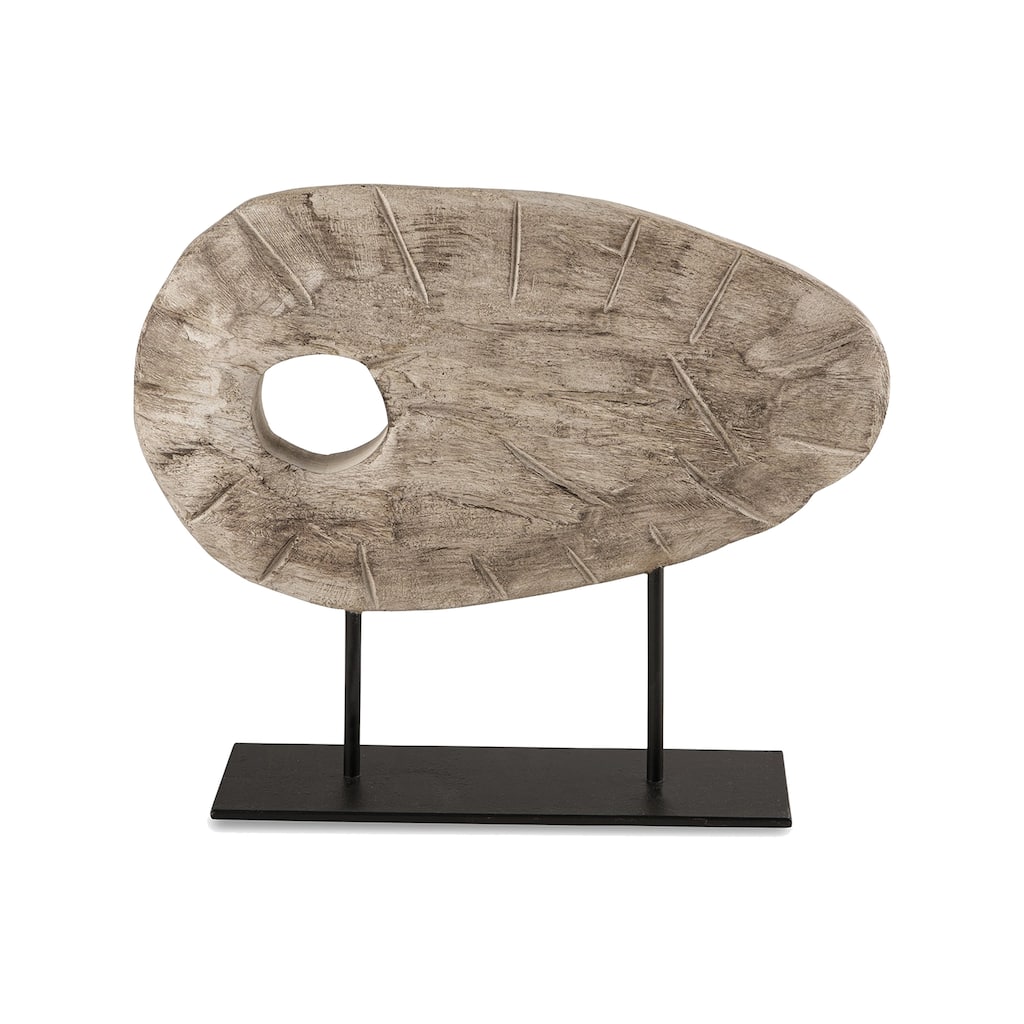 Bena Decorative Sculpture, Antique White Wood, Black Metal Base, 17 Inch