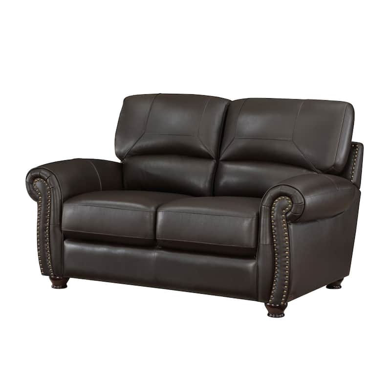 Kia 63 Inch Loveseat, Dark Brown Top Grain and Faux Leather, Solid Wood