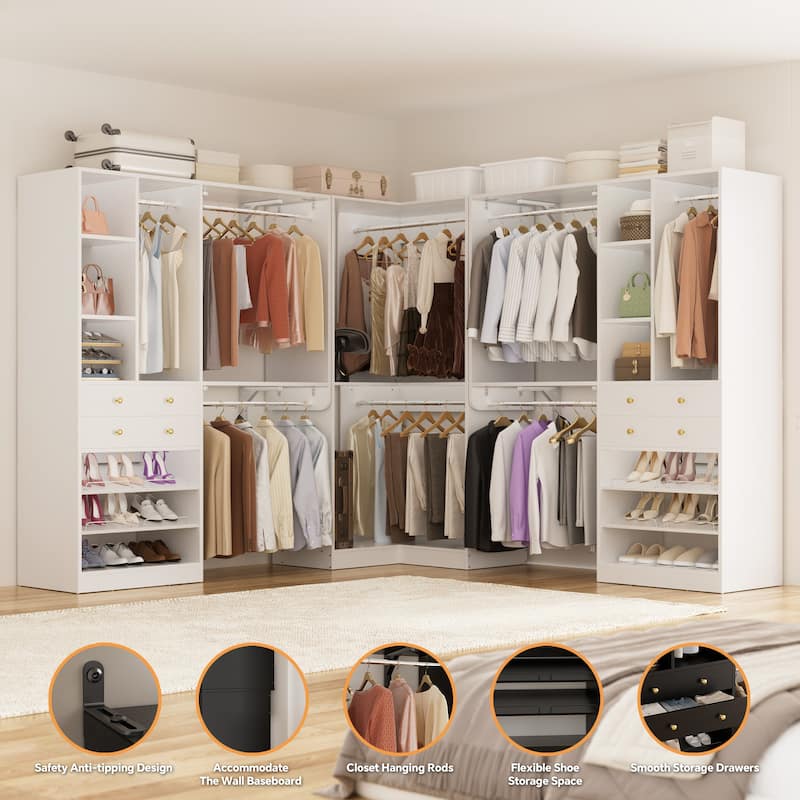 Rackcog Freestanding Corner Closet System Set, Closet Organizer with Hanging Rods and Drawers