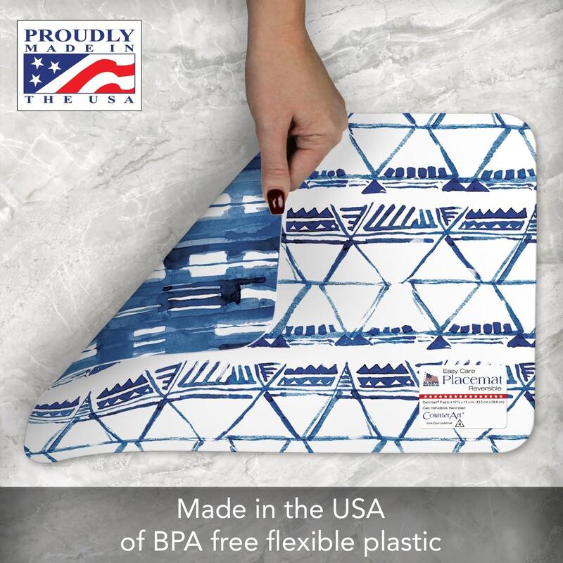 Shibori Blues 4 Pack Reversible Easy Care Flexible Plastic Placemats Made in The USA BPA Free Easily Wipes Clean