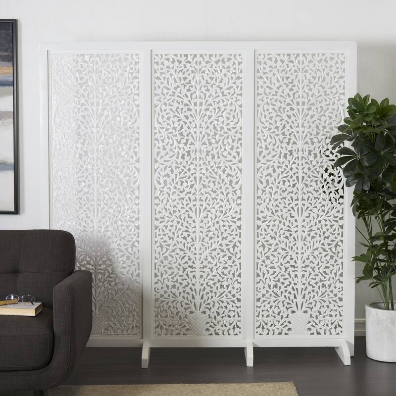 Wooden Floral Handmade Large Flat Freestanding Carved Room Divider Screen - Black - Roche River Decor