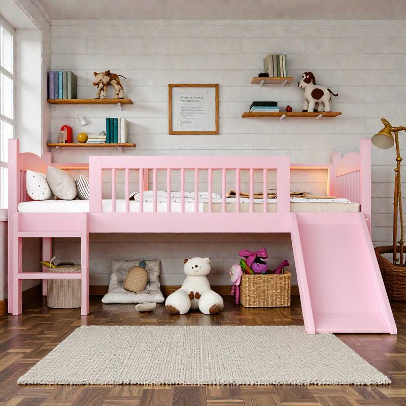 Twin XL/Twin Wood Loft Bed with Storage Shelves, LED Lights, Full-Length Guardrails & Solid Wood Frame, No Box Spring Needed - Pink - Twin XL