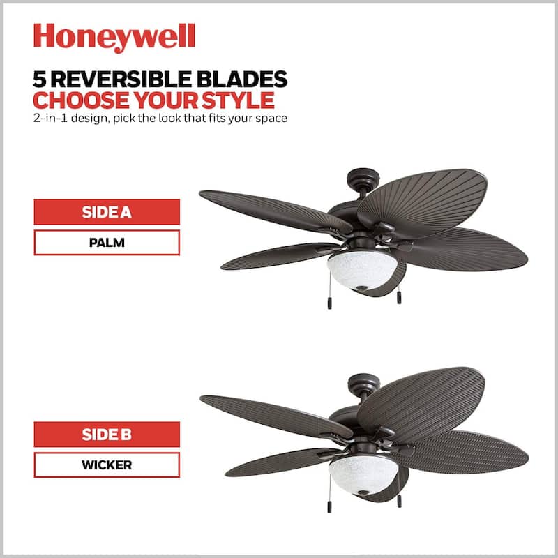 52" Honeywell Inland Breeze Bronze Indoor/Outdoor Ceiling Fan with Light, Pull Chain, Weather Resistant Blades