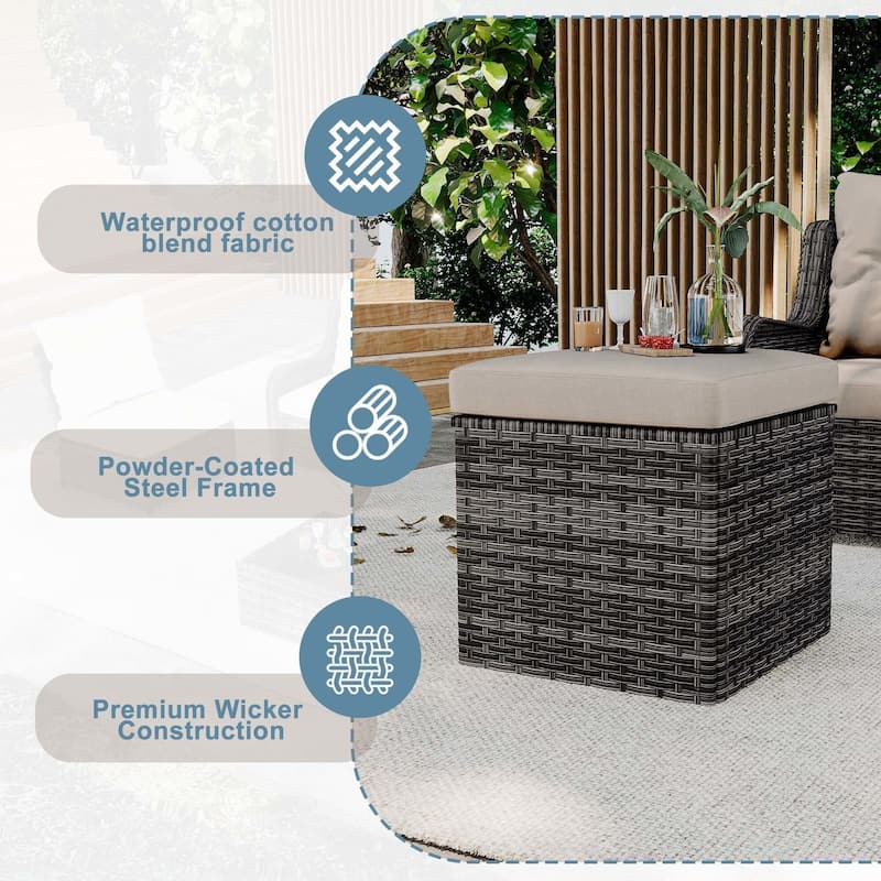 Outdoor Patio PE Wicker Ottoman with Cushion