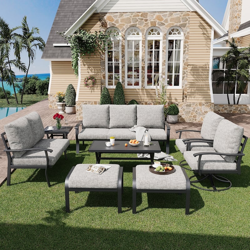 EROMMY Patio Set: 360° Swivel Rockers, Sofa, Ottomans & Table – Outdoor Conversation Set for Poolside, Garden & Deck - 8 PCS - Sofa & Swivel Rocking Chair - Grey