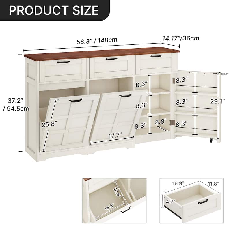 Moasis 58.3" Wide Kitchen Island With Double Tilt Out Trash Can Cabinet