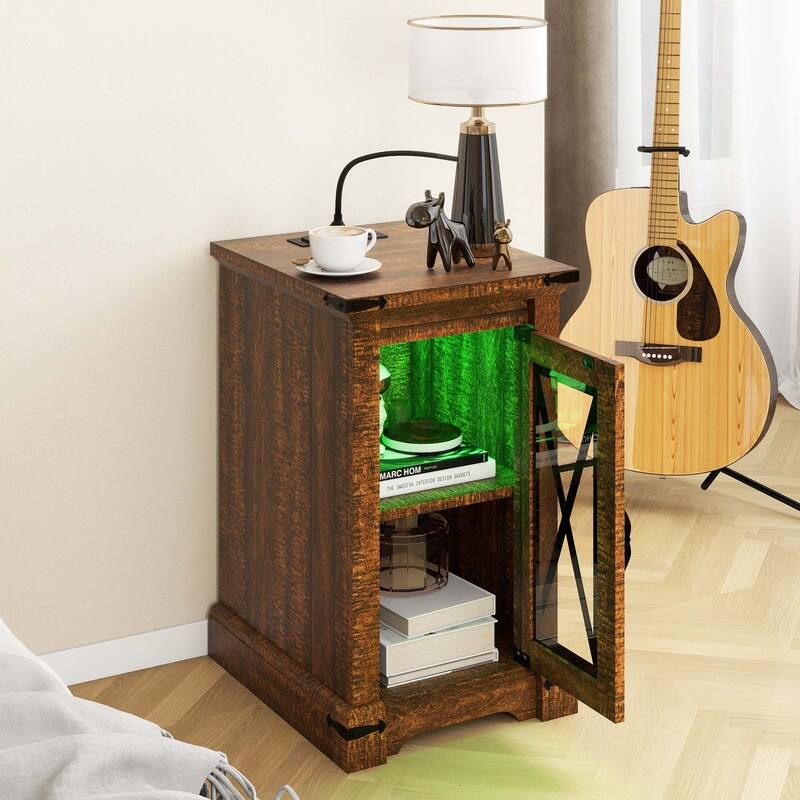 Moasis Farmhouse LED Light End Table with Charging Station, Chairside Sofa Side Table with Storage - Brown