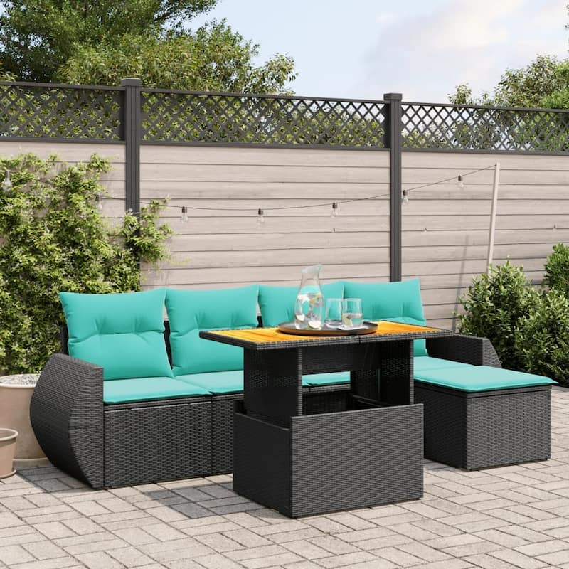 vidaXL Patio Sofa Set with Cushions Outdoor Furniture 6 Piece Poly Rattan - 21.7 x 21.7 x 14.6 - Black