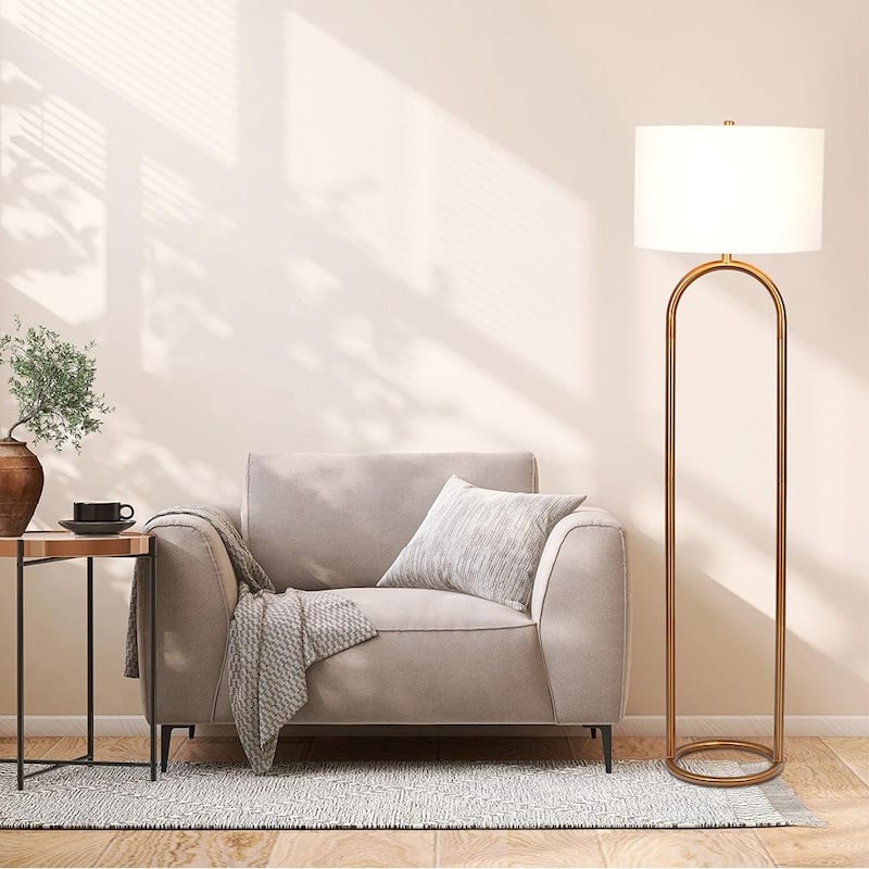 Brass Ring Base Floor Lamp with Large White Drum Shade - Antique Brass,White