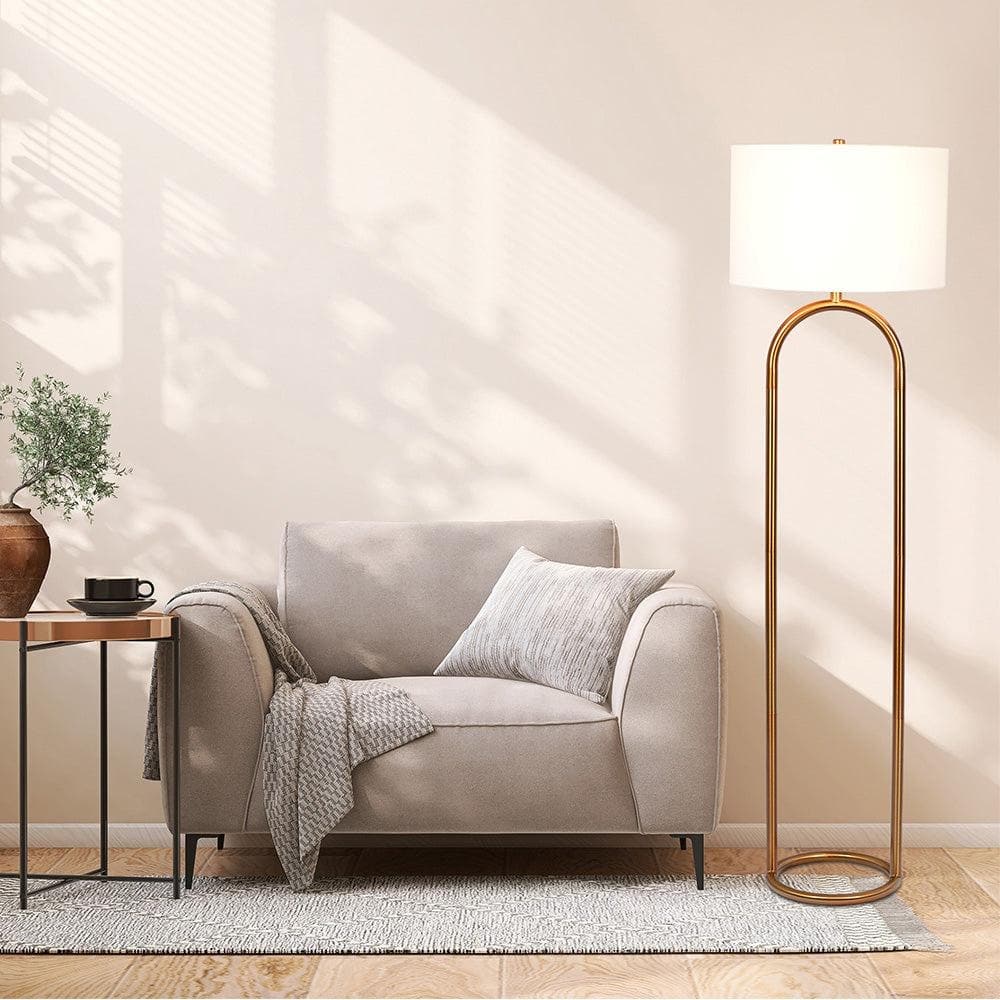 Brass Ring Base Floor Lamp with Large White Drum Shade