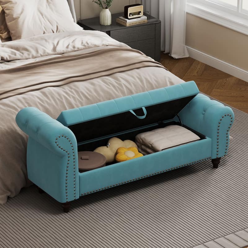 Tufted Upholstery Storage Bench with Nailheads - Lake Blue