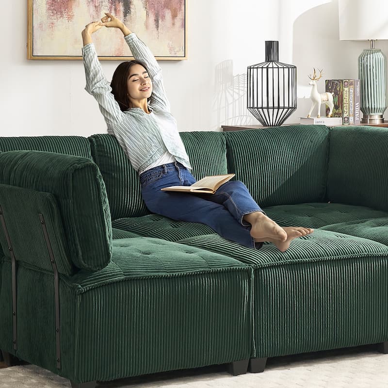 U-Shaped Modular Sectional Sofa, Oversized Corduroy Cloud Couch with Reversible Chaise, Comfy Convertible 6-Seat Corner Couch