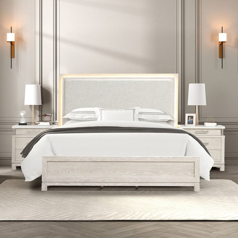 Furniture of America Nansice 3-Piece Weathered Grey Wood Panel Bedroom Set with LED Headboard - Queen