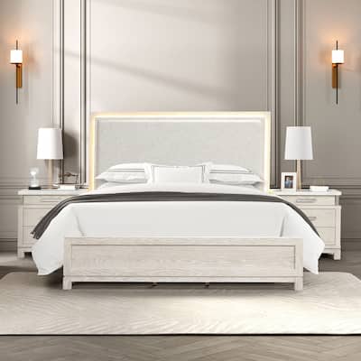 Furniture of America Nansice 3-Piece Weathered Grey Wood Panel Bedroom Set with LED Headboard
