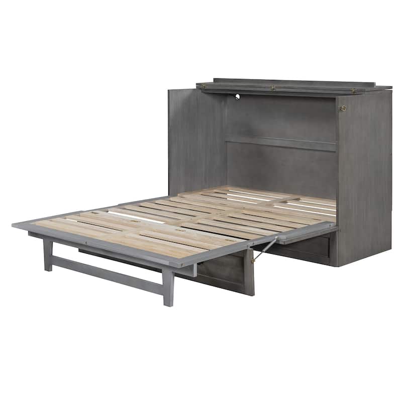 Gray Full Size Modern Style Murphy Bed with Large Versatile Storage Drawers and USB Ports for Bedroom