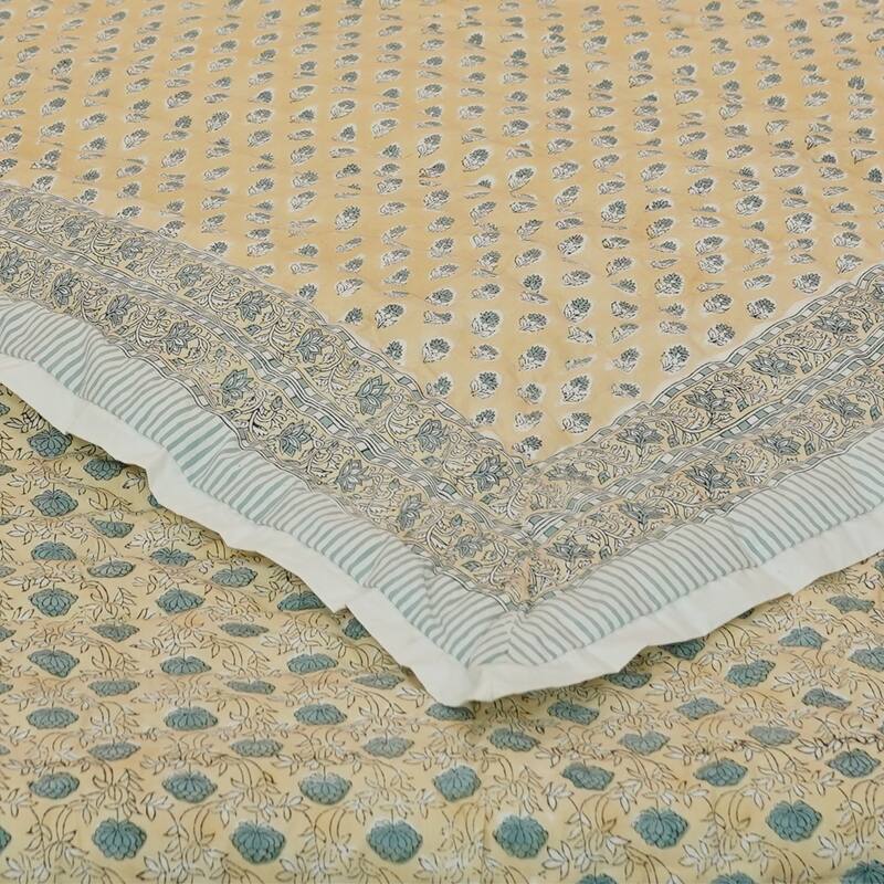 Fabdivine Luxury Hand Block Print Cotton Quilt Yellow Green Floral, Boho Bedding for Bedroom & Sofa Reversible Artisan Bedspread - 100" X 104" - Yellow,Green