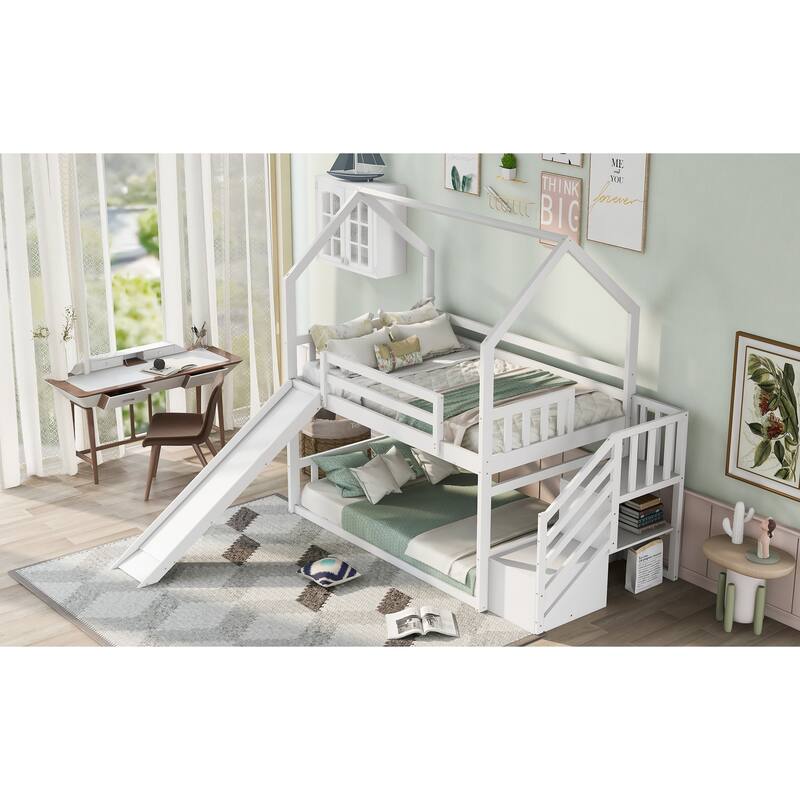 Twin over Twin House Bunk Bed with Convertible Slide and Storage Staircase