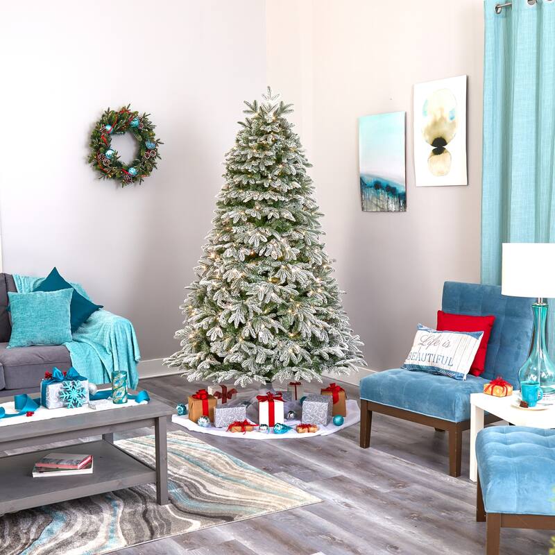 7Ft Flocked Christmas Tree with Warm White Lights - Farmhouse Mountain Fir Holiday Decor - Green - 84