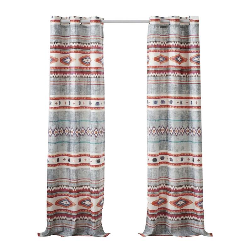 Pimi 2 Panel Curtain Set, Boho Stripes Red White Gray, Microfiber
