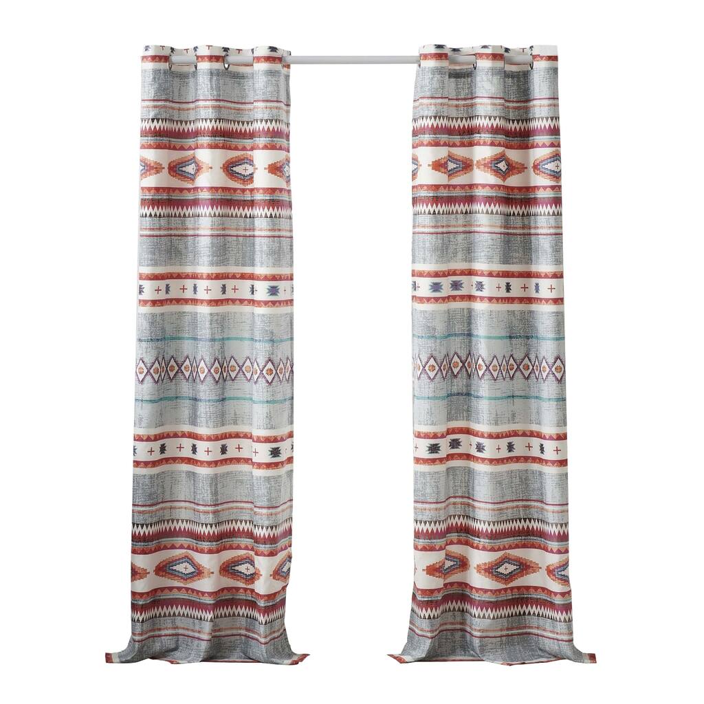 Pimi 2 Panel Curtain Set, Boho Stripes Red White Gray, Microfiber