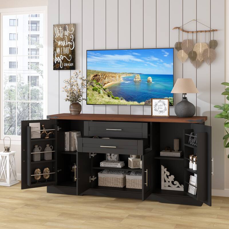 63"Barn Door Storage Cabinet with 2 Drawers & Door Rack, Large Buffet Table Coffee Bar Cabinets with Adjustable Shelves