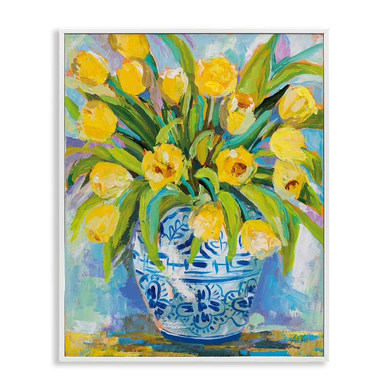 Stupell Expressive Yellow Tulips in Ornate Blue Vase Painting Framed Wall Art - 16 x 20 - White
