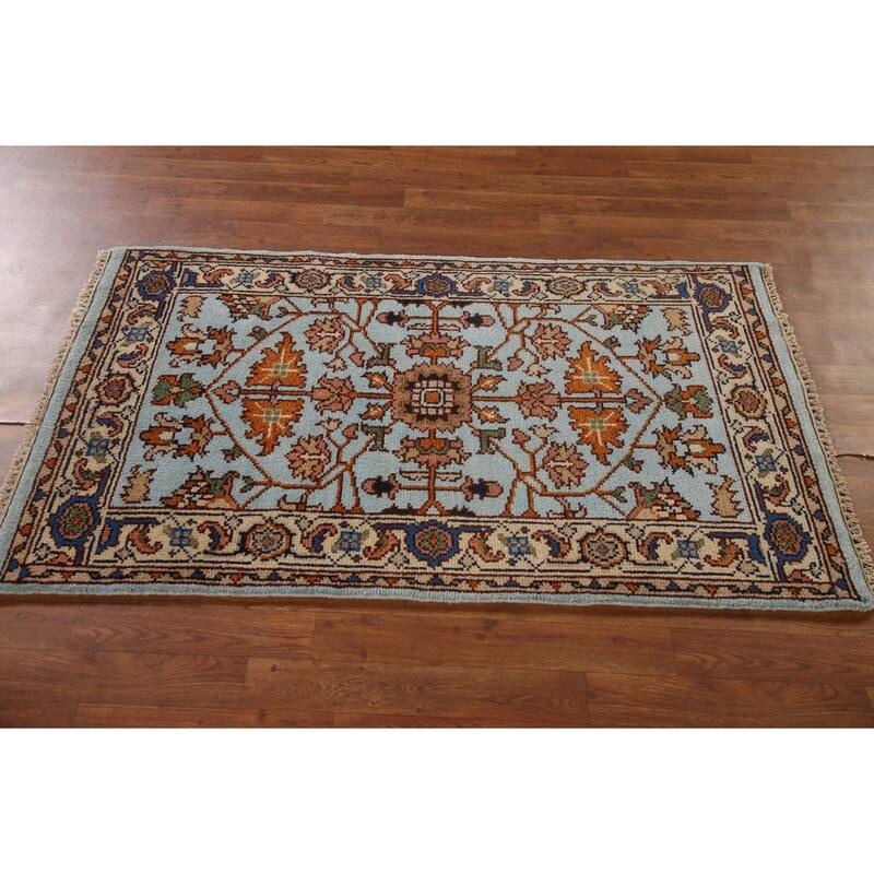 Light Blue Floral Heriz Serapi Oriental Accent Rug Wool Carpet - 2'11"x 5'1"