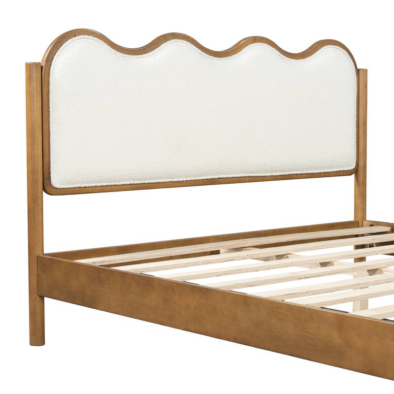 Christopher Knight Home - Modern Upholstered Boucle Bed Frame with Wooden Legs with Wavy Curved Headboard