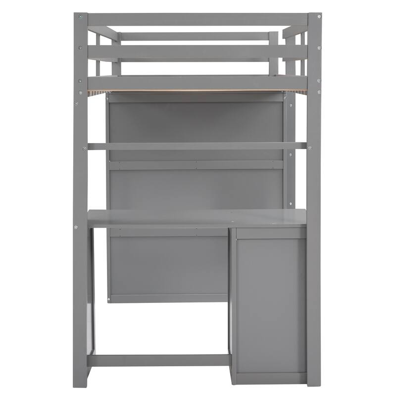 Space-Saving Twin Loft Bed with Desk, Drawers, and Wardrobe in Gray