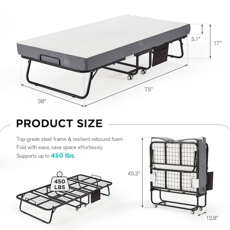 Erommy Folding Bed with Memory Foam Mattress: Portable foldable guest bed for adults with luxurious 5-inch memory foam mattress