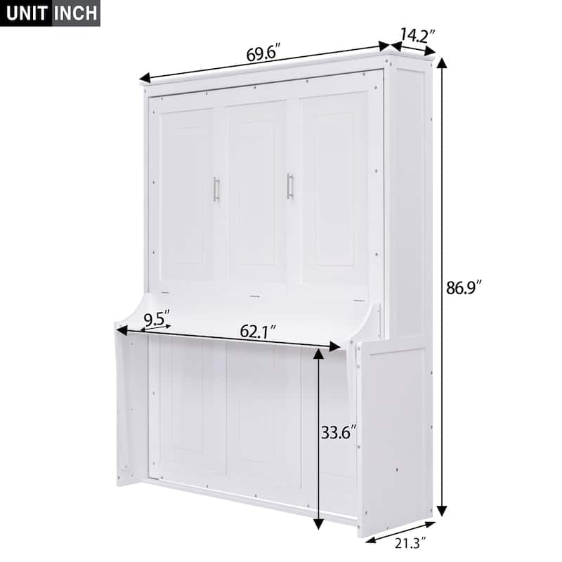 Queen Size Murphy Bed with Shelf, Foldable Wall Bed with Desk, Space-Saving Pine Wood Frame, No Box Spring