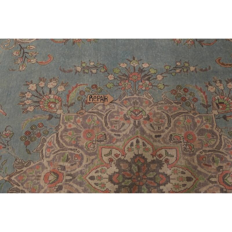 Light Blue Medallion Tabriz Persian Vintage Rug Handmade Wool Carpet - 9'2" x 12'5"