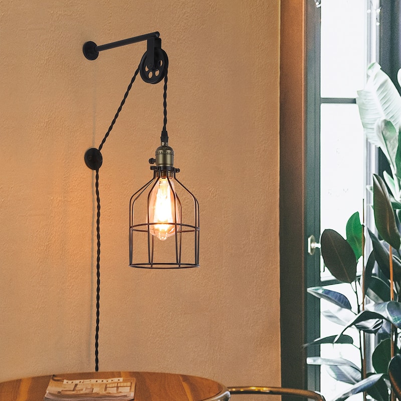 Modern Industrial Rustic Cage Wall Lamp Lift Pipe Pulley Wall Lights Fixture Retro Wall Pendent Light Plug in Cord with Wheel
