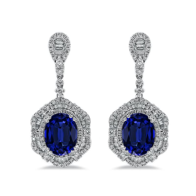 Auriya Fancy 5 9/10ct Royal Blue Sapphire Oval and 2 1/3ctw Halo Diamond Dangle Earrings 18K Gold