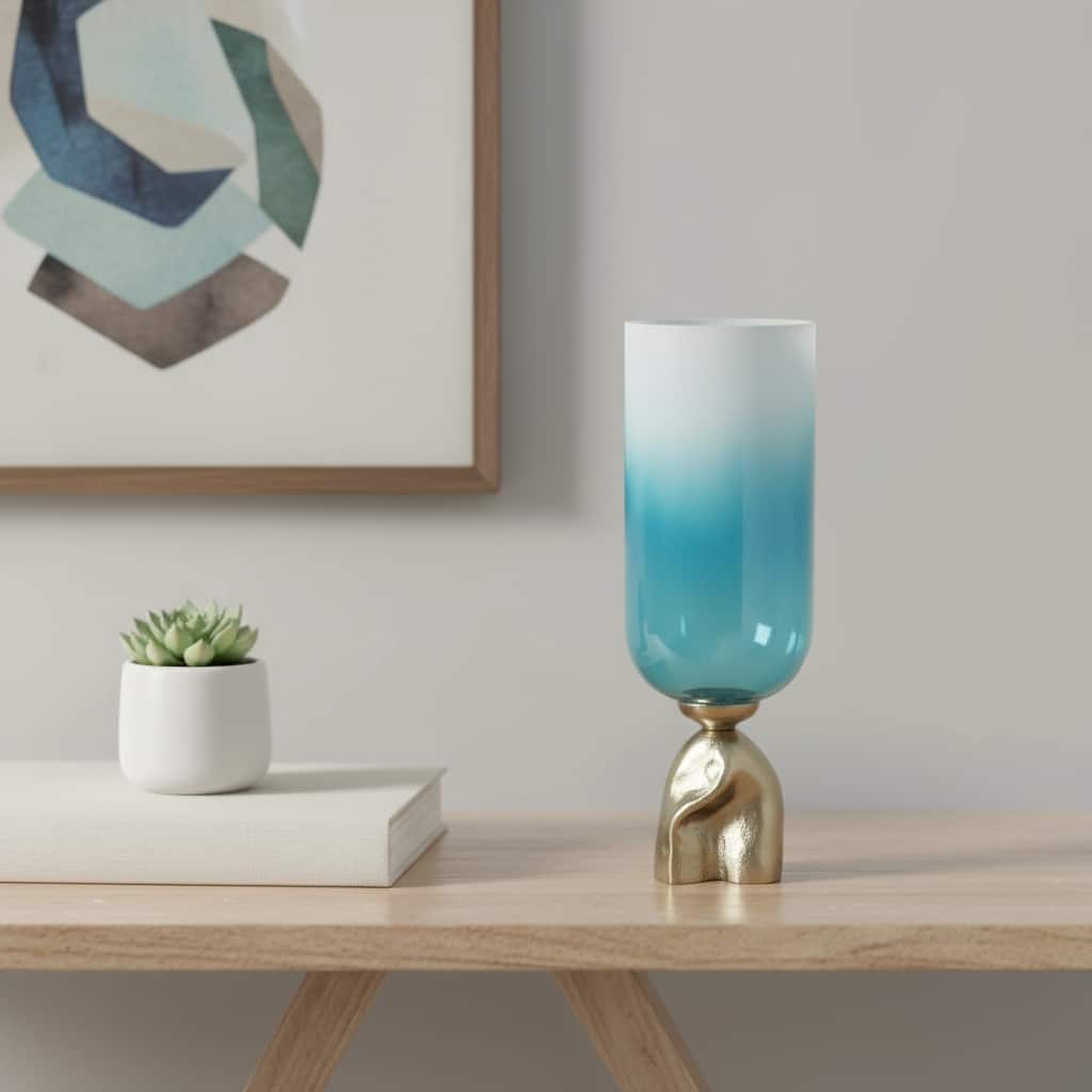 18" Blue White And Gold Ombre Glass And Aluminum Pedestal Table Vase - 8.00