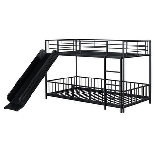 Black Twin Over Twin Metal Bunk Bed with Slide & Ladder, Heavy Duty Low Bunk Beds w/Safety Guardrail & Small Door for Girls Boys