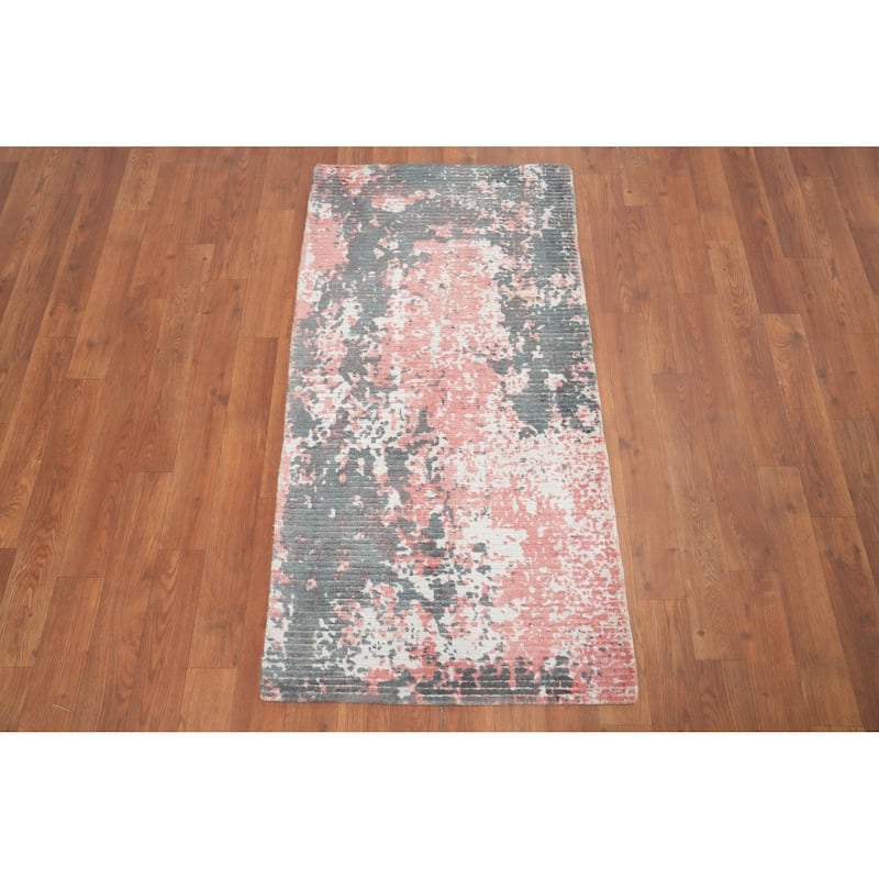 Hand Knotted Oriental Viscose Silk Carpet Modern All-Over Pink Abstract Area Rug - 4' 0'' X 2' 0''
