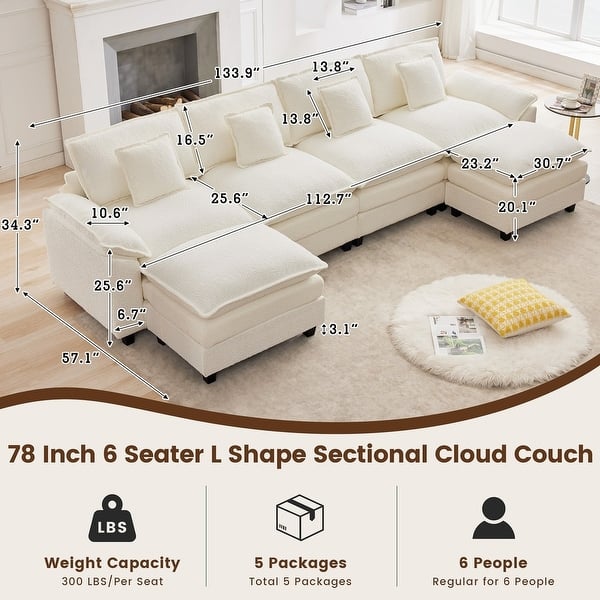 dimension image slide 1 of 17, Modular Cloud Chenille Sectional Sofa with Ottomans, Deep Seat Convertible L-Shaped or U-Shaped Couch