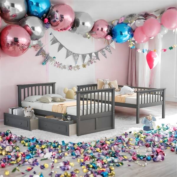 slide 2 of 17, Twin over Twin Bunk Kids Bed with Guardrail & Drawers, Convertible Beds, Grey Grey