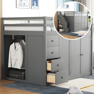 Full Size Wood Loft Bed With Built-in Wardrobes, Cabinets and Drawers