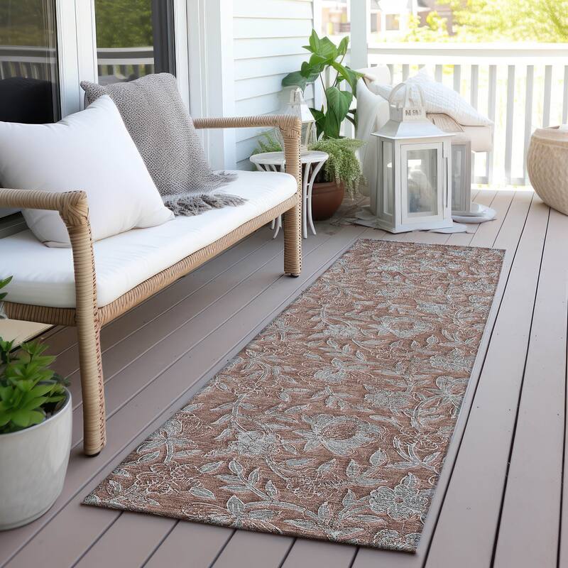 Machine Washable Indoor/ Outdoor Chantille Floral Rug - Terracotta - 2'3" x 7'6"