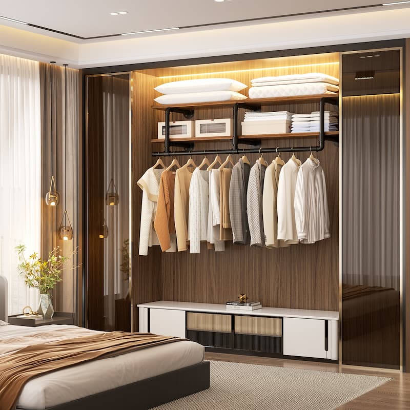 Floating Pipe Heavy-Duty Garment Rack, Wall-Mounted Closet Organizer with Storage Shelves