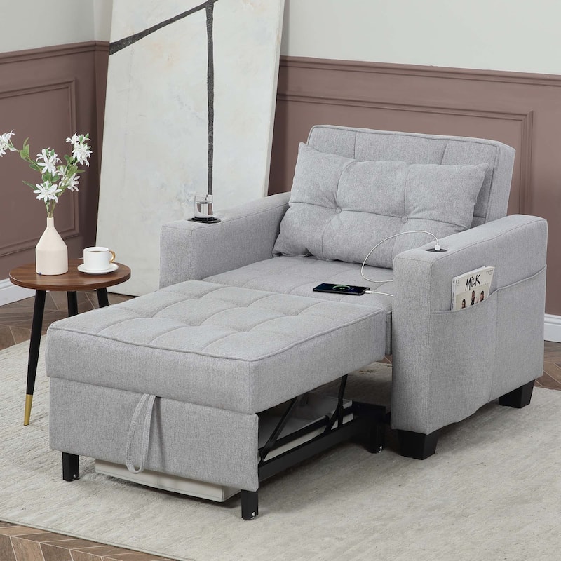 Futon Chair Bed Convertible Chair 3-in-1 Pull Out Sleeper Chair Beds for Living Room - 1PC - Light Gray Linen