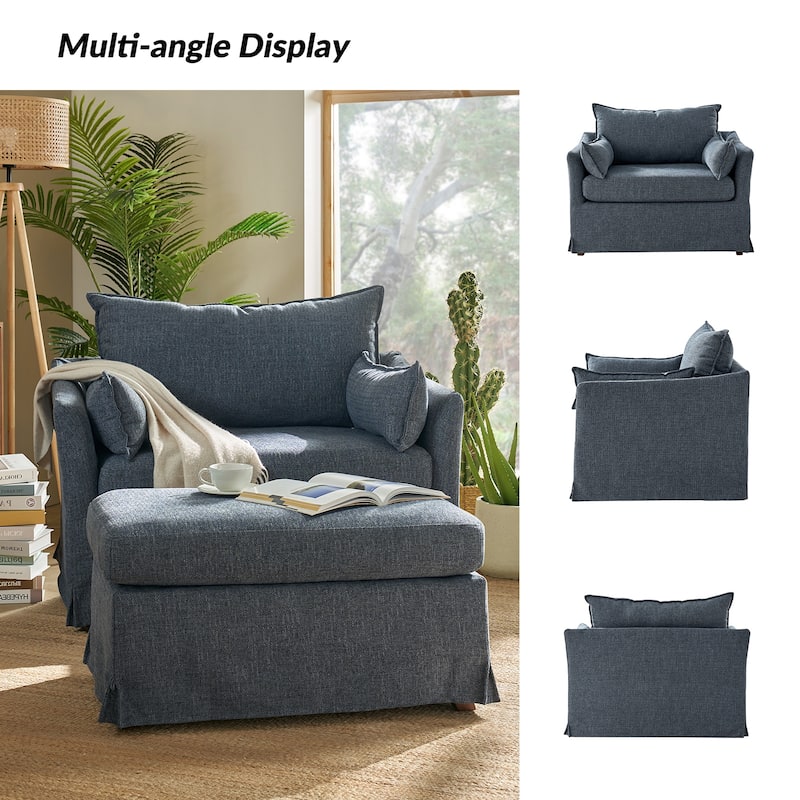 Sophie Modern Oversized Slipcovered Armchair and Ottoman with Lockable Rear Wheels by HULALA HOME
