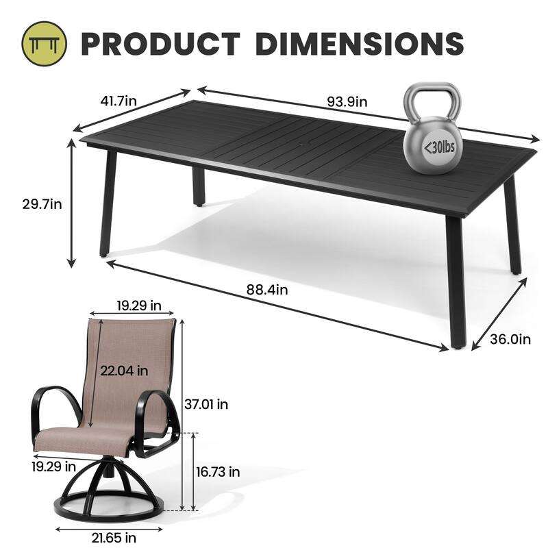 7/9-Piece Patio Dining Set Sunbrella Swivel Chairs and Aluminum Dining Table with Umbrella Hole