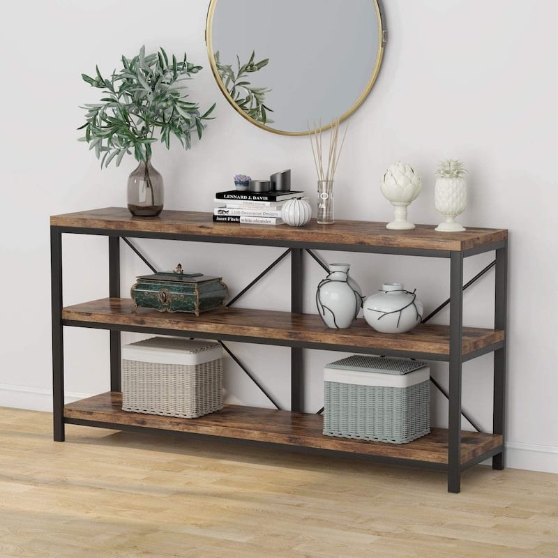 Extra Long Sofa Console Table with Storage for Entryway - 11.81"D x 55.11"W x 29.92"H - Rustic Brown+Black