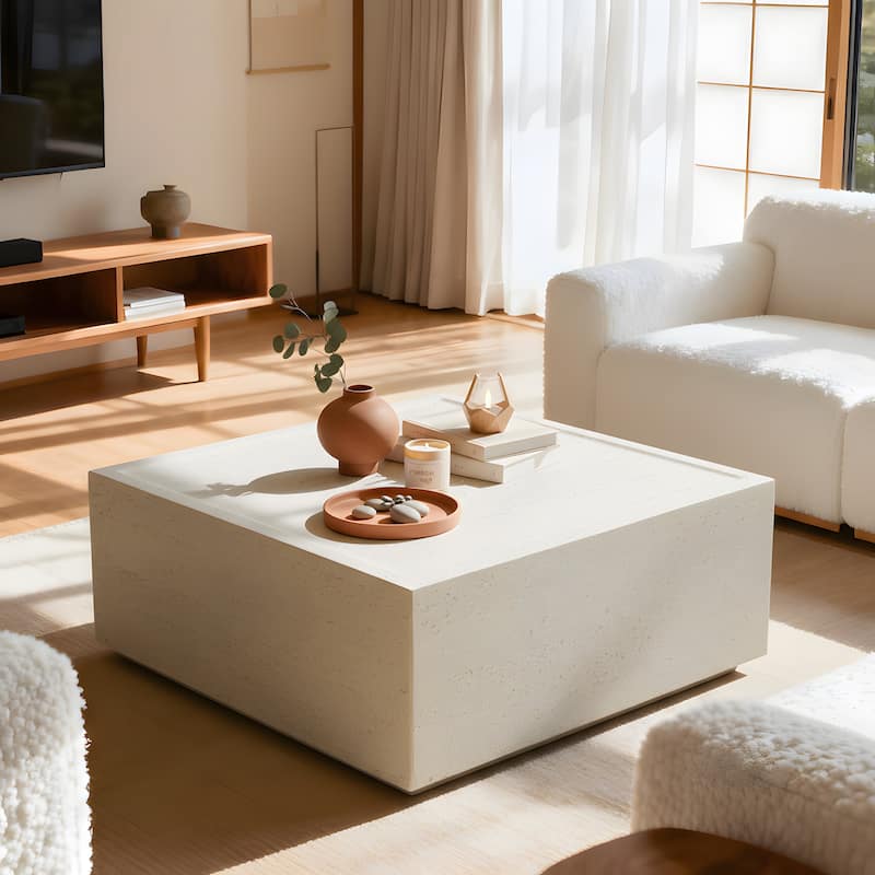 28" Square MGO Coffee Table with a Natural Stone-Look Finish - Ivory Travertine