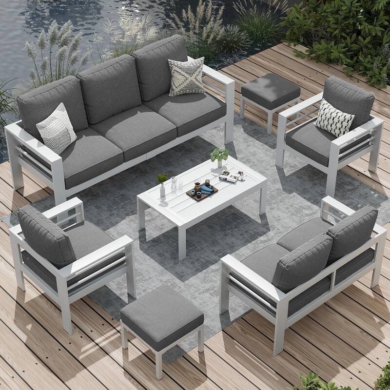 AECOJOY 7 Pieces Aluminum Patio Furniture Set Outdoor Conversation Set - White-Dark Grey