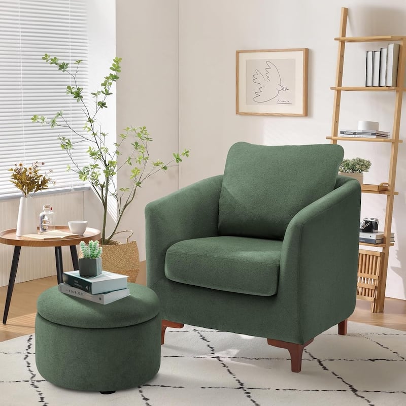 Sherpa Accent Chair with Storage Ottoman Set, Upholstered Barrel Club Arm Chair with Footrest Set of 1/2